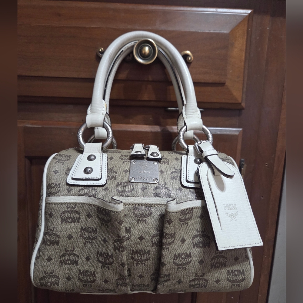 MCM Brown Monogram Satchel with Cream Trim - Picture 2 of 15